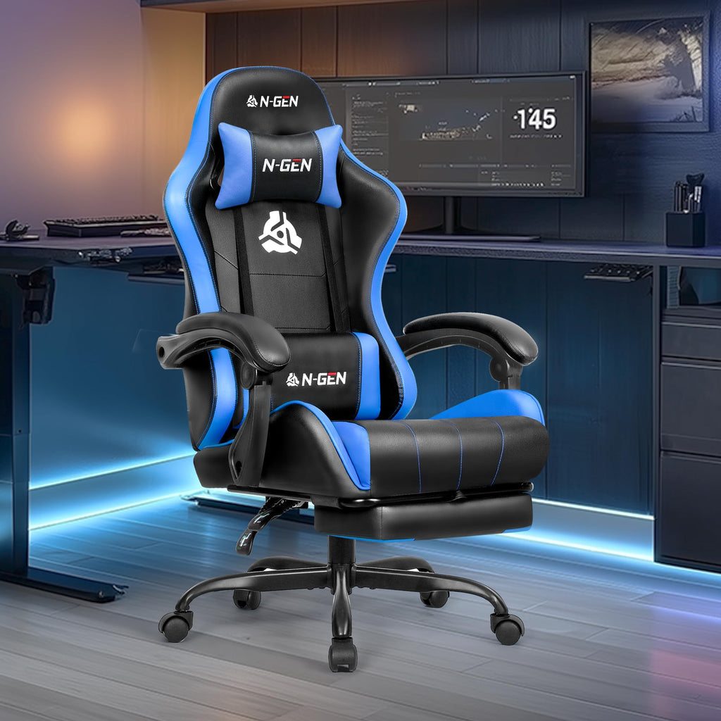 Video Gaming Chair with Footrest Lumbar Support for Home Office High Back Recliner Height Adjustable Ergonomic Comfy Leather Computer Desk Chair (Blue)