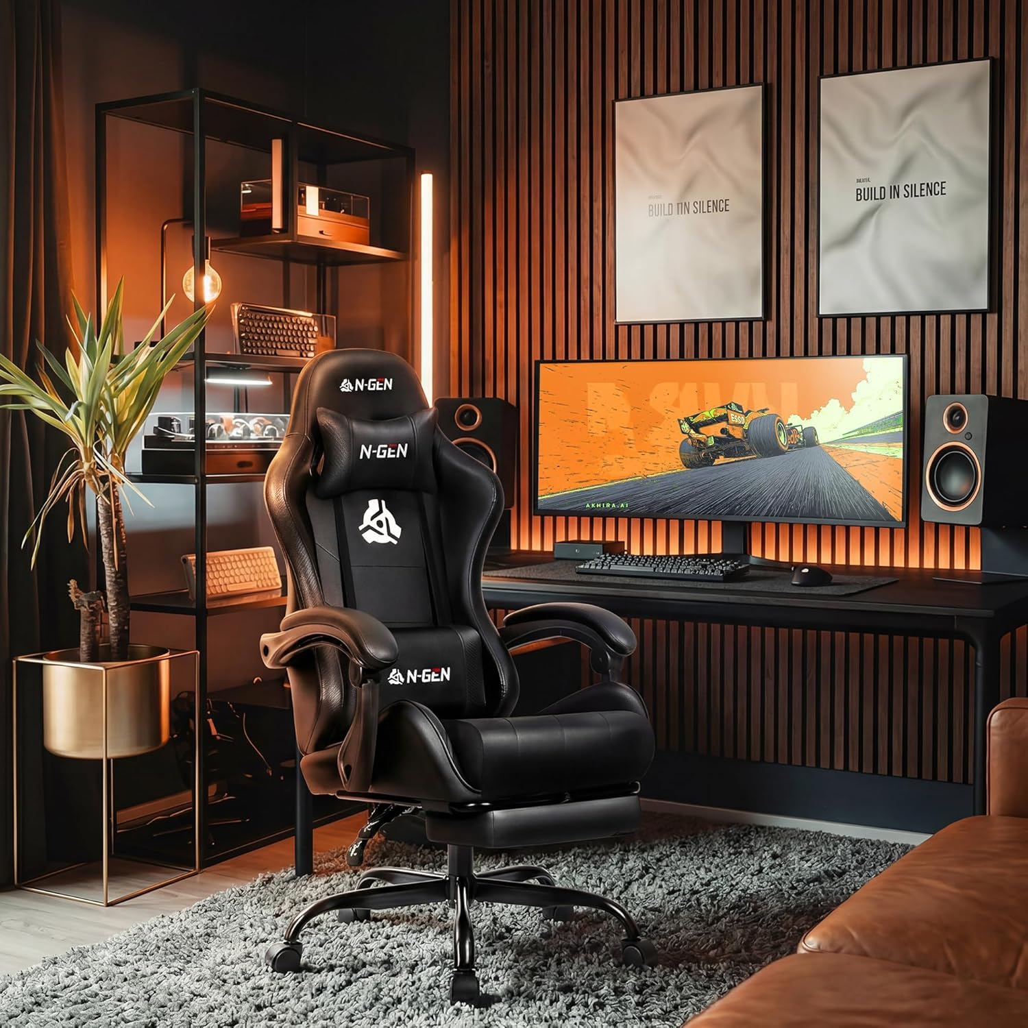 Video Gaming Chair with Footrest Lumbar Support for Home Office High Back Recliner Height Adjustable Ergonomic Comfy Leather Computer Desk Chair (Black)