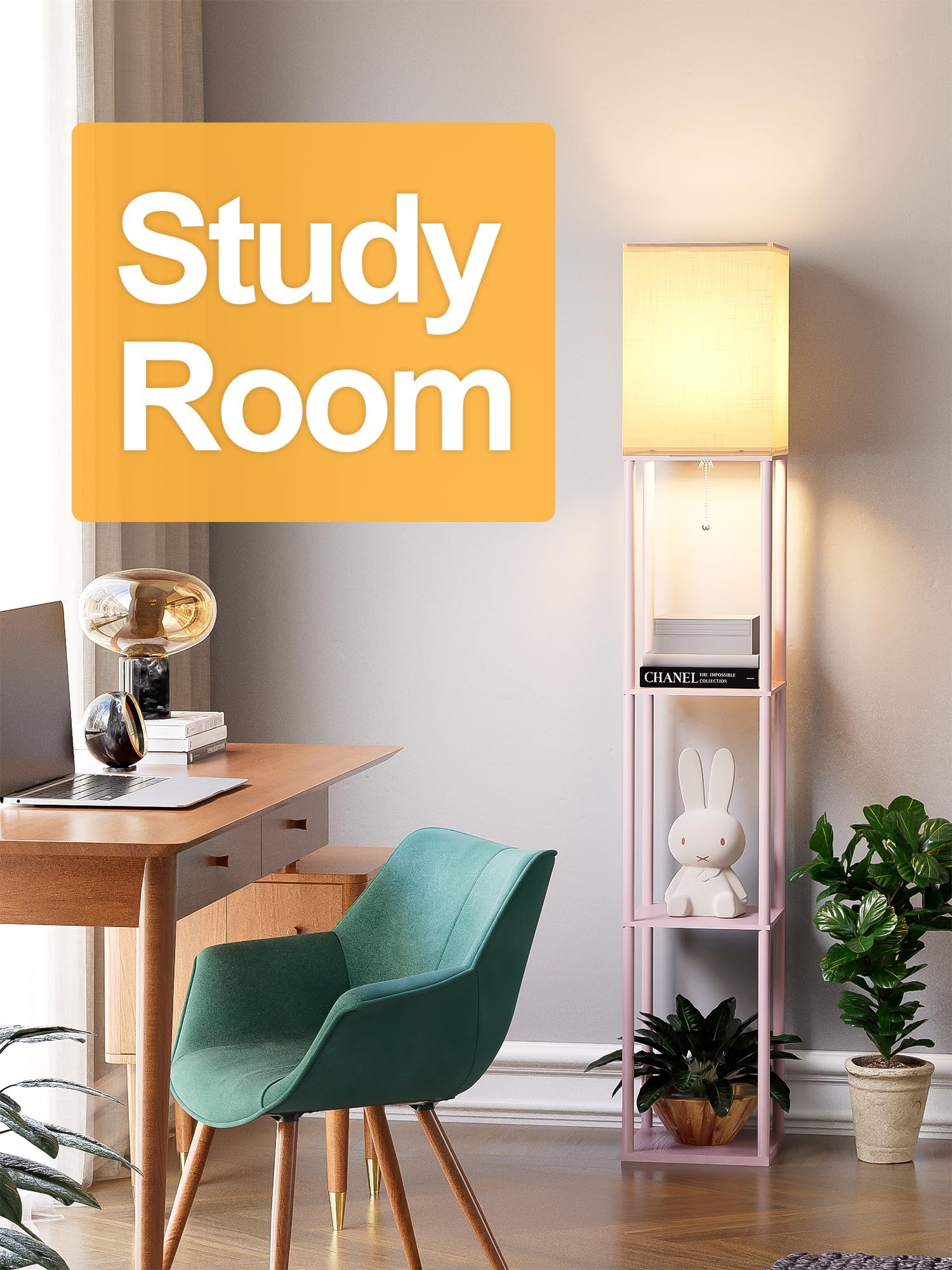 Pink Floor Lamp with Shelves for Living Room, Shelf Floor Lamp with 3 CCT LED Bulb, Corner Display Standing Column Lamp Etagere Organizer Tower Nightstand with White Linen Shade for Bedroom, Office