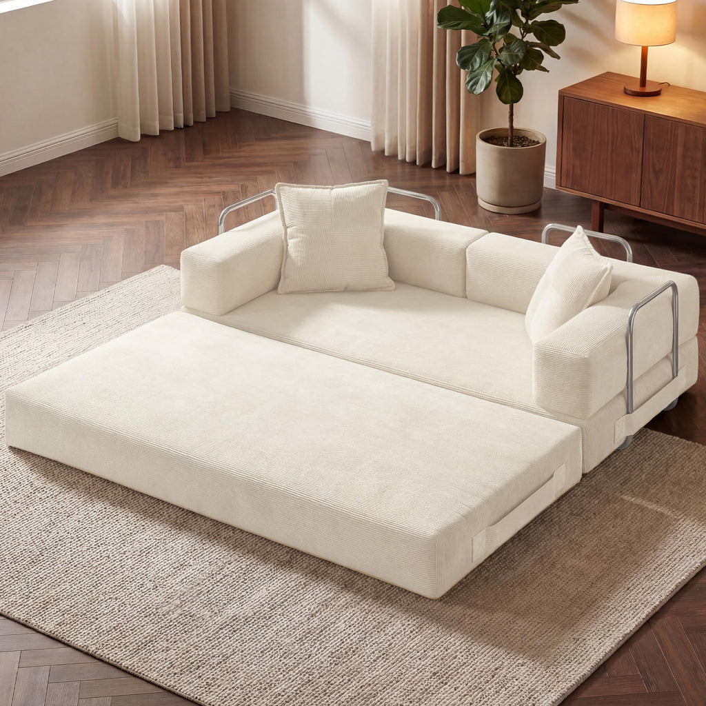 78 Inch Convertible Sofa Bed, 5-in-1 Futon Sofa Bed Pull Out Couch, Boneless Couch Bed for Living Room, Corduroy Boneless Couches for Bedroom, Apartment, No Assembly Sleeper Sofa Bed, Beige