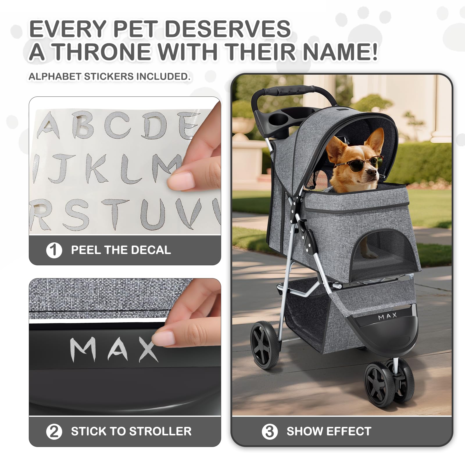 3 Wheels Pet Dog Cat Stroller for Small Medium Dogs and Cats, Lightweight Foldable Jogger Stroller w/Storage Basket and Cup Holder, Gray