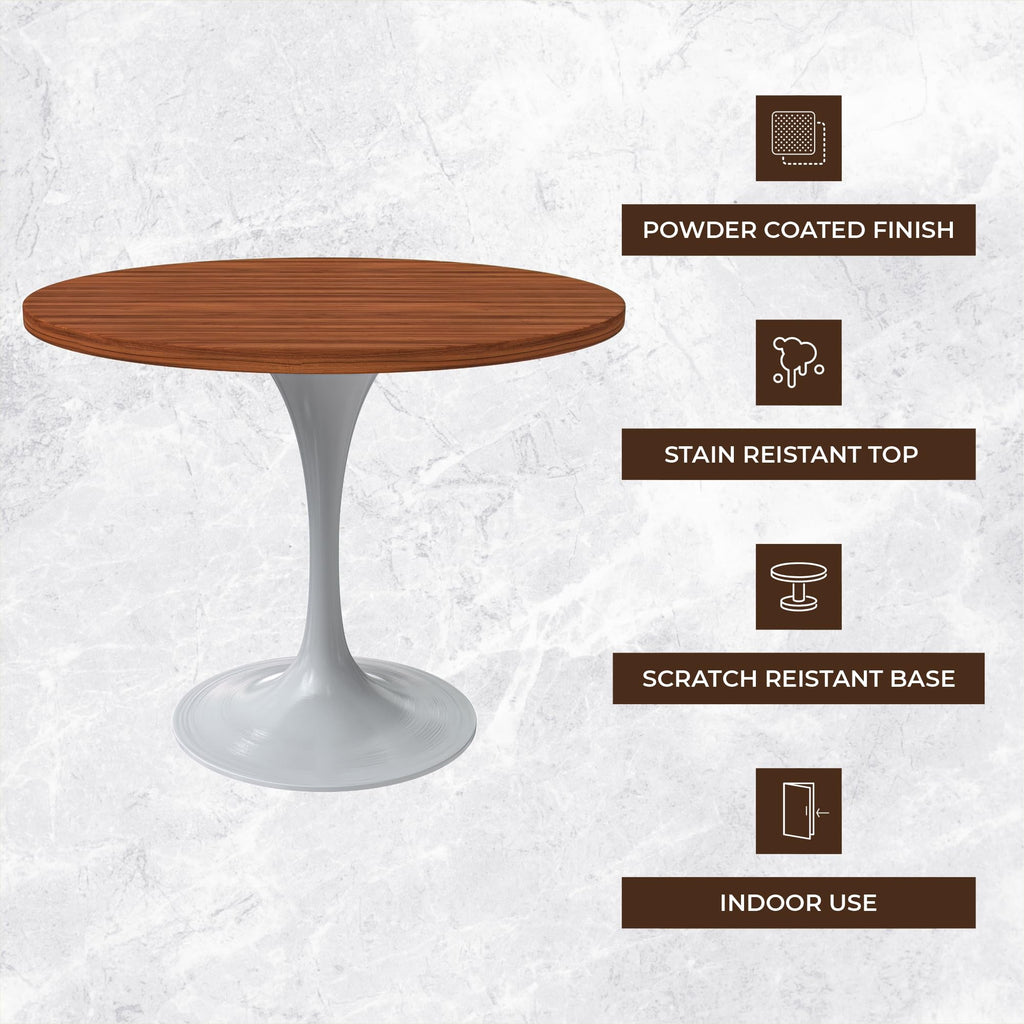 Mid-Century Modern 36 Inch Round Dining Table, MDF Wood Tabletop with White Steel Pedestal Base, Contemporary Kitchen & Dining Room Table, for Small Spaces (Cognac Brown)
