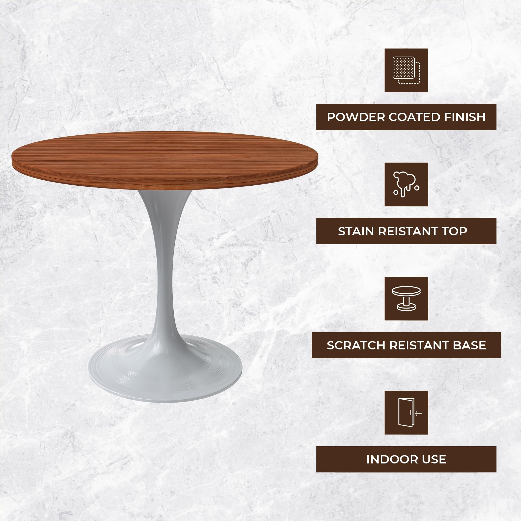 Mid-Century Modern 36 Inch Round Dining Table, MDF Wood Tabletop with White Steel Pedestal Base, Contemporary Kitchen & Dining Room Table, for Small Spaces (Cognac Brown)