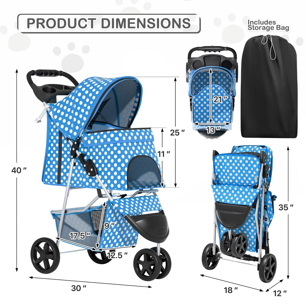 3 Wheels Pet Dog Cat Stroller for Small Medium Dogs Cats, Foldable Jogger Stroller w/Storage Basket and Cup Holder, Sky Blue Polka Dots