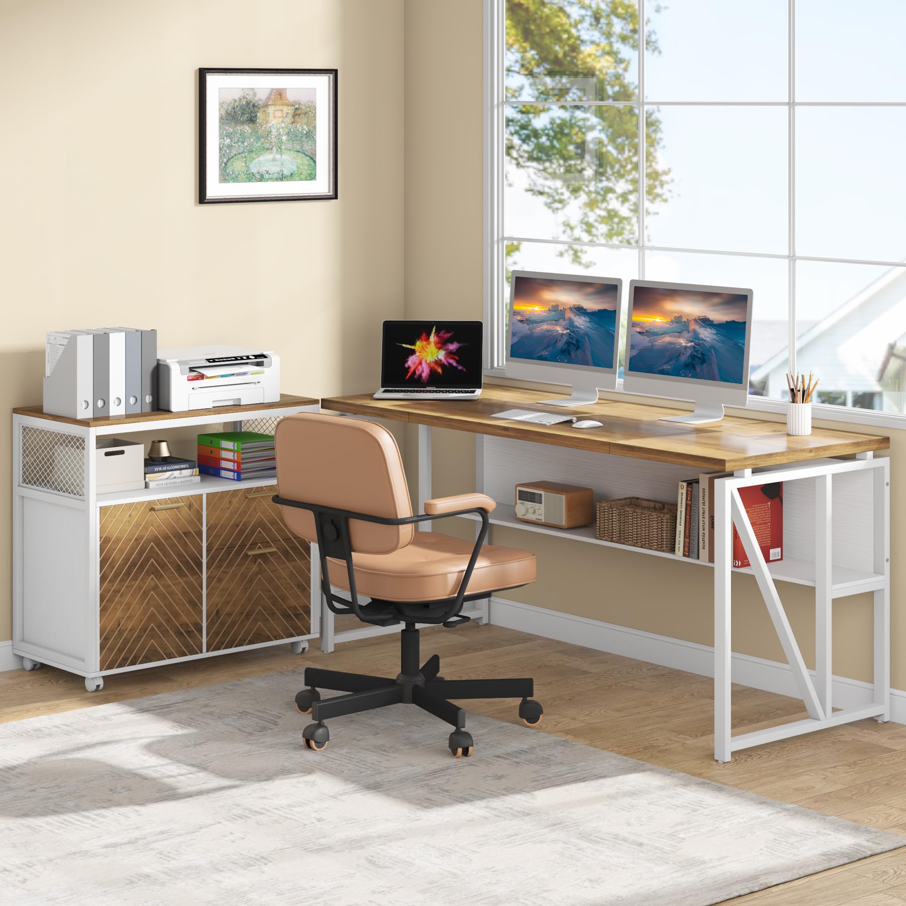 L Shaped Desk with Drawer,63" Executive Computer Desk and lateral File Cabinet, 2 Piece Home Office Furniture for Hanging File, Cabinet with Doors (Walnut, 63-inches)