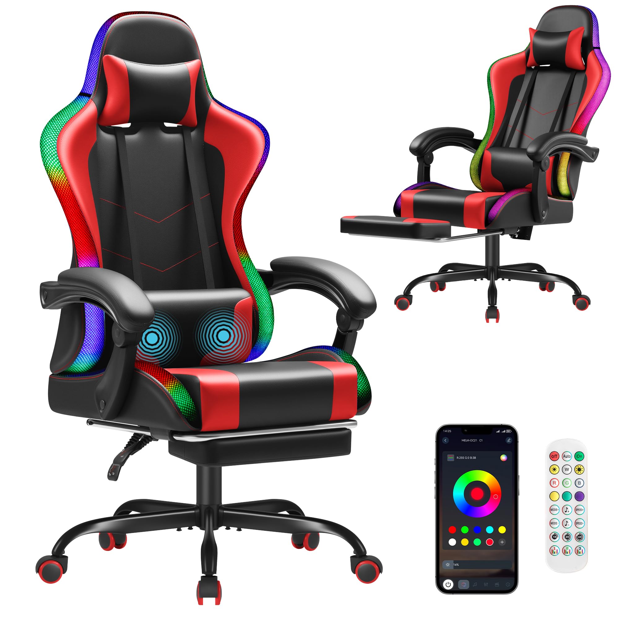 Gaming Chair, Video Game Chair with Footrest and Massage Lumbar Support, Ergonomic Computer Chair Height Adjustable with Swivel Seat and Headrest (RGB Red)