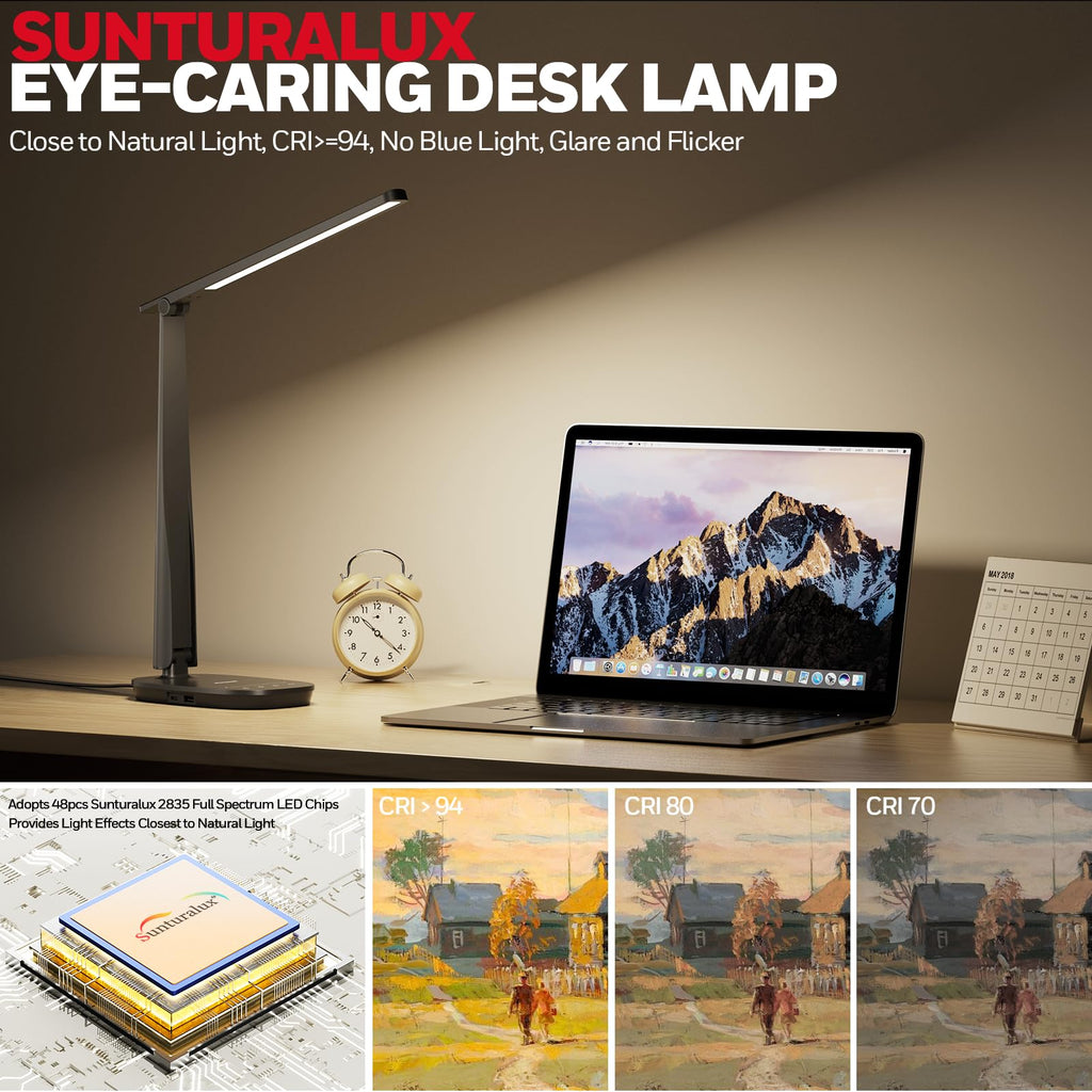 LED Desk Lamp for Home Office, Eye-Caring Light with 4 Color Modes & Touch Control, USB A+C Charging Ports, Adjustable Rotating Head with Timer for Reading, Bedroom & Small Desks