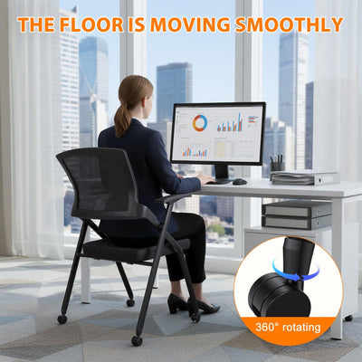 Ergonomic Foldable Office Chair with Breathable Mesh Back, Stackable Conference Chair - PU Wheels & Armrest for Guest, Meeting, Reception (Black)