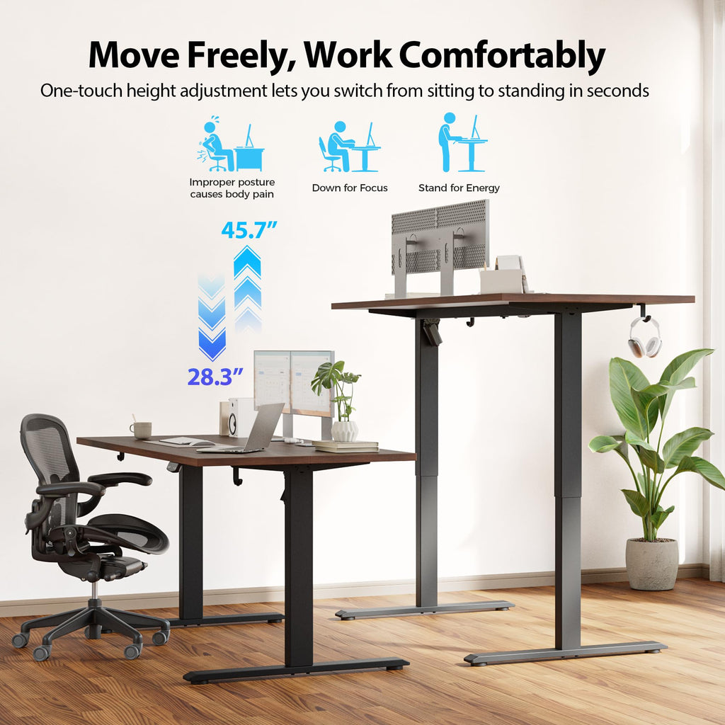 Electric Standing Desk, 55 x 28 Inches Height Adjustable Desk, Sit Stand up for Work Office Home, Ergonomic Rising Computer Table with Memory Preset, Dark Walnut