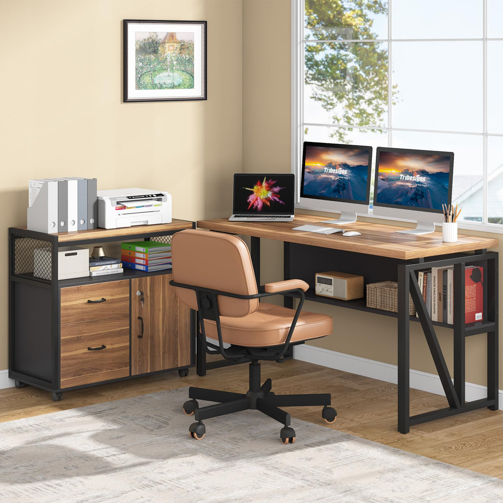 55" Executive Desk with Reversible File Cabinet, Large L-Shaped Office Desk with Drawers, Business Furniture Workstation for Home Office (Dark Walnut, 55-inch)