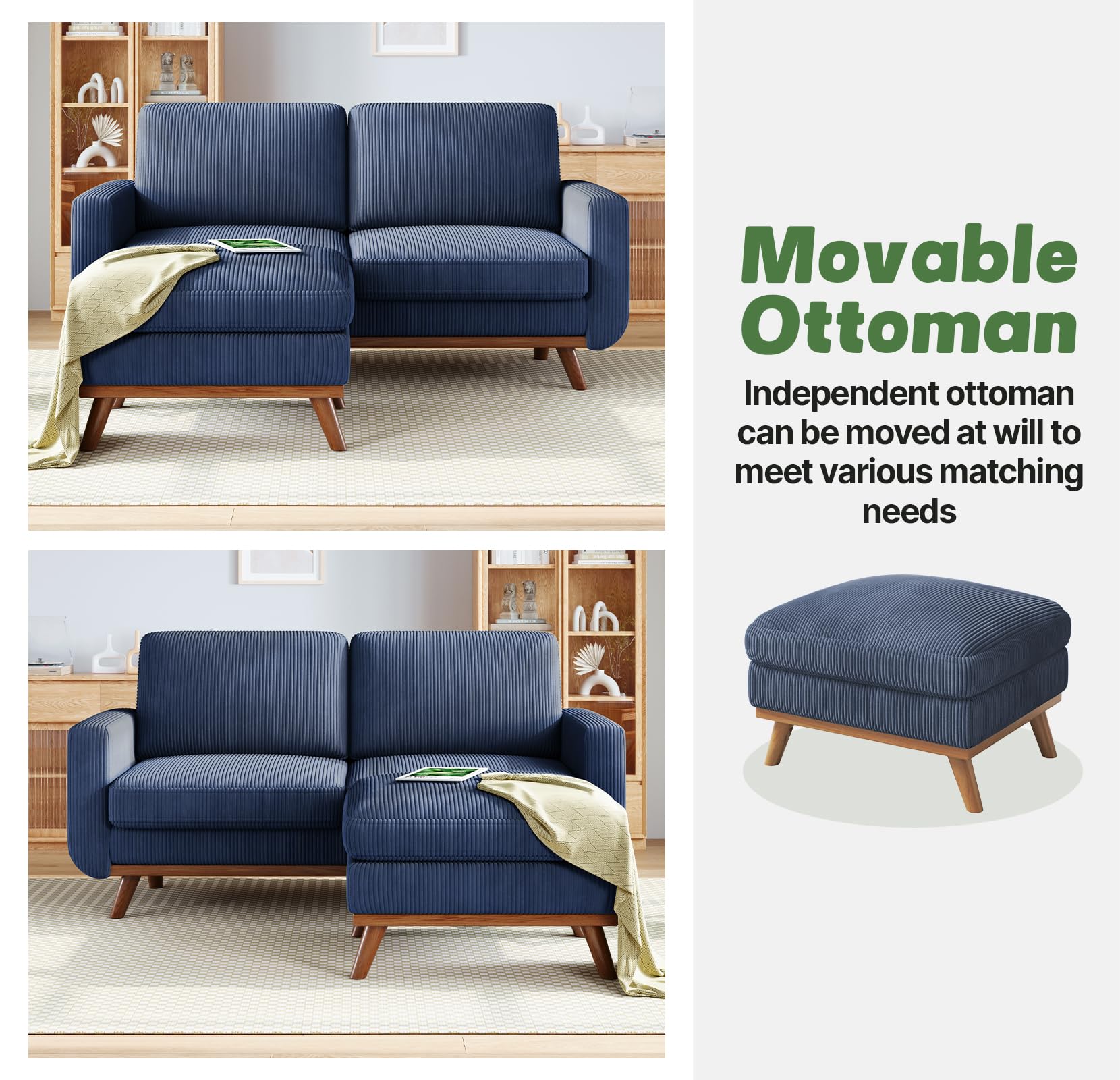 68" Loveseat Sofa with Movable Ottoman, Comfy Corduroy Couch with Spring Cushion, Sofa Couch with Solid Wood, Modern Office Sofa with Deep Seat for Living Room and Bedroom, Dark Blue