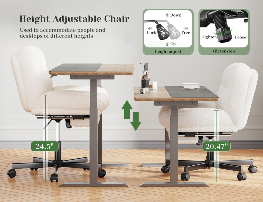 Cross Legged Office Chair with Foot Rest, 6.3" Thick Cushioned Criss Cross Chair with Wheels, Height Adjustable Swivel Vanity Chair for All-Day Comfort (White)