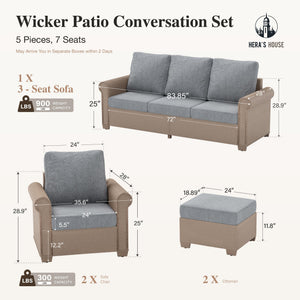 5-Piece Patio Furniture Set, All Weather 7 Seats Outdoor Wicker Sofa with Ottomans, Rattan Patio Conversation Set with 5.5