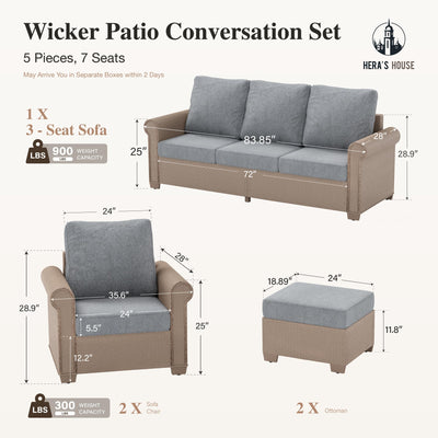 5-Piece Patio Furniture Set, All Weather 7 Seats Outdoor Wicker Sofa with Ottomans, Rattan Patio Conversation Set with 5.5