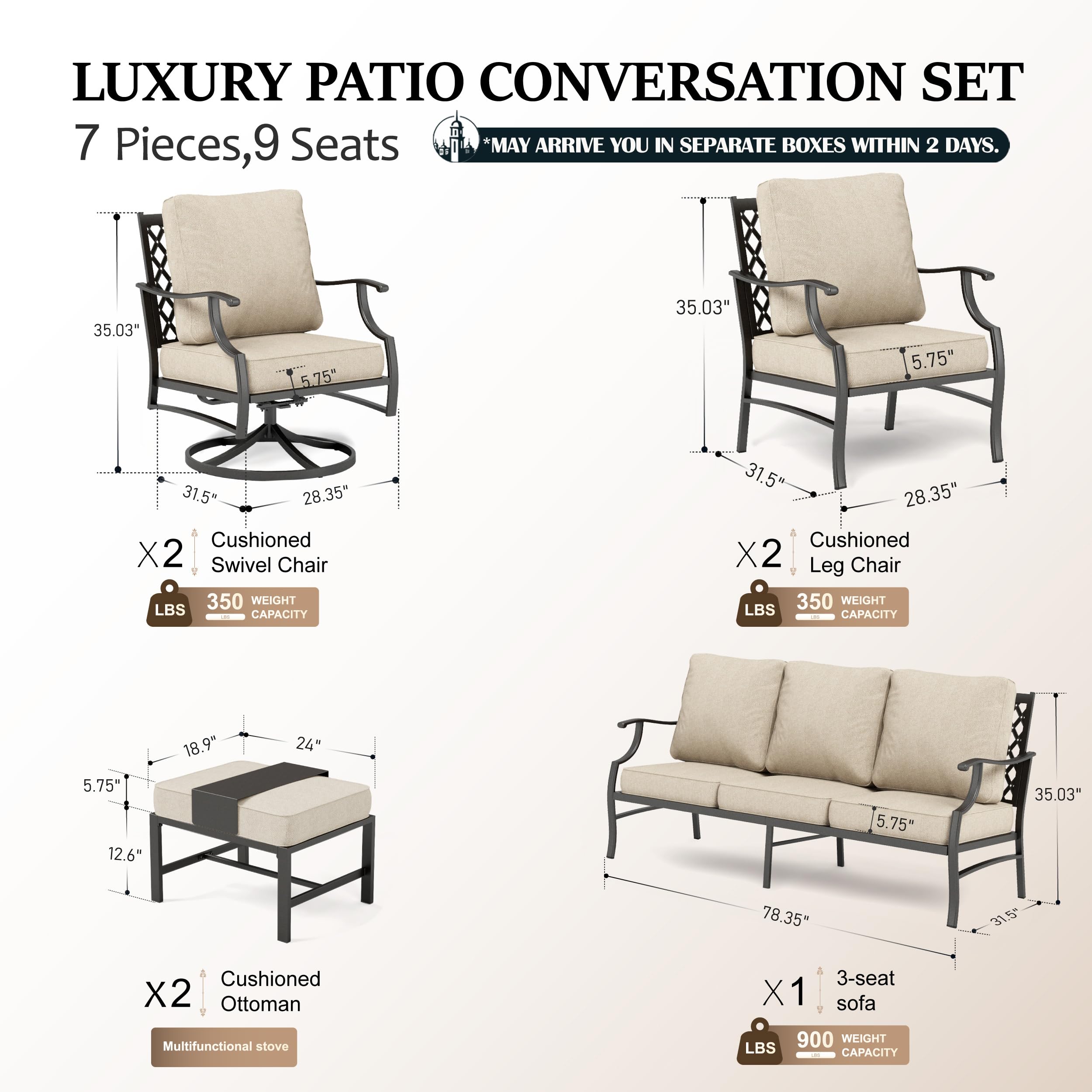7 Piece Patio Furniture Set, 2 x Swivel Chair, 2 x Fixed Chair, 2 x Ottoman, 1 x 3-Seat Sofa, All Cushioned Outdoor Conversation Set for Lawn Garden Backyard