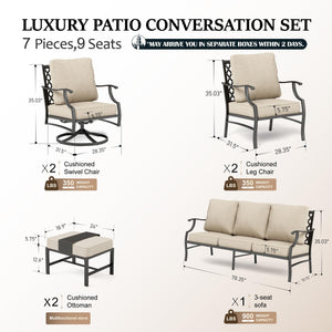 7 Piece Patio Furniture Set, 2 x Swivel Chair, 2 x Fixed Chair, 2 x Ottoman, 1 x 3-Seat Sofa, All Cushioned Outdoor Conversation Set for Lawn Garden Backyard