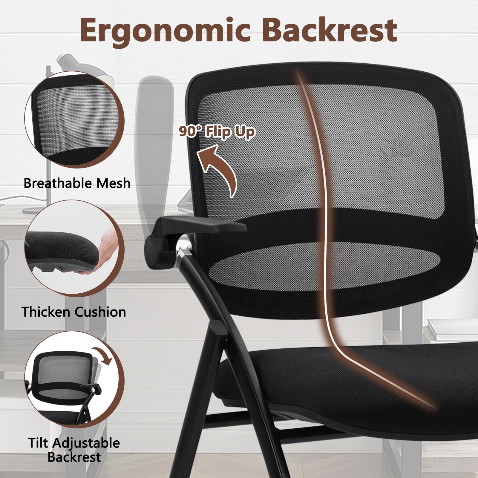 2PACK, Stackable & Foldable Chairs with Flip Up Armrests, Reception Guest Chairs with Wheels, Ergonomic Curved Mesh Back Folding Chair for Office Meeting Schools Conference Waiting Room