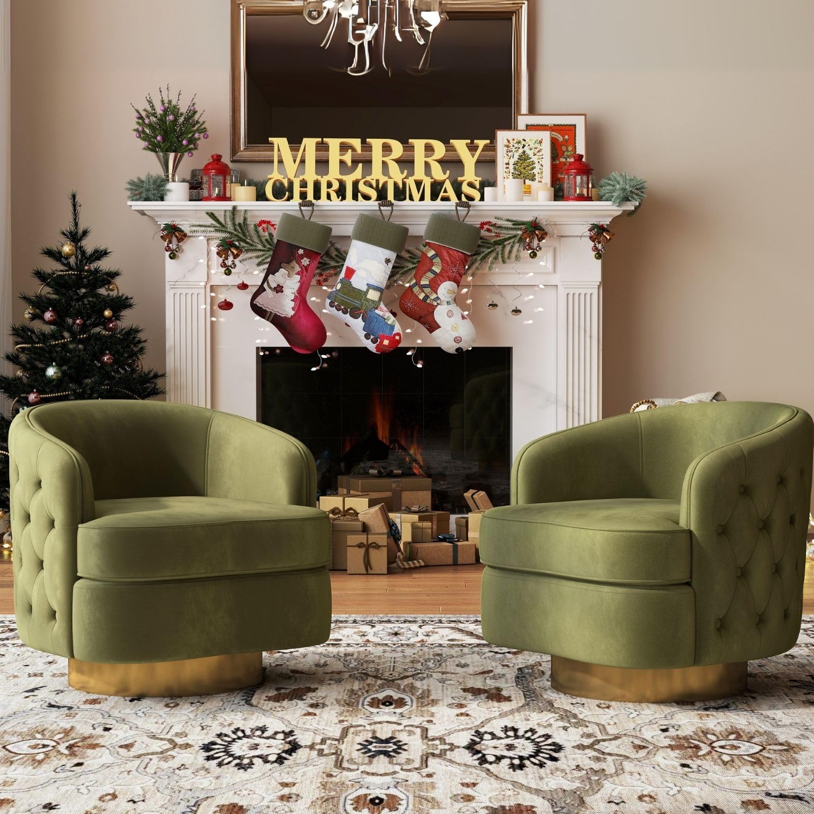 Modern Accent Chair, Swivel Barrel Armchair for Living Room, Button Tufted Velvet Comfy Chairs, Round Upholstered Single Sofa Seating with Gold Base, Green