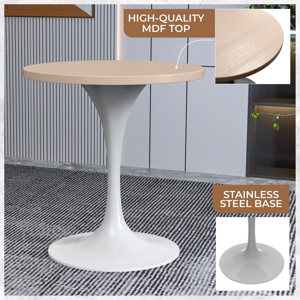 Mid-Century Modern 27 Inch Round Dining Table, MDF Wood Tabletop with White Steel Pedestal Base, Contemporary Kitchen & Dining Room, Small Space Breakfast Table, Light Natural Wood