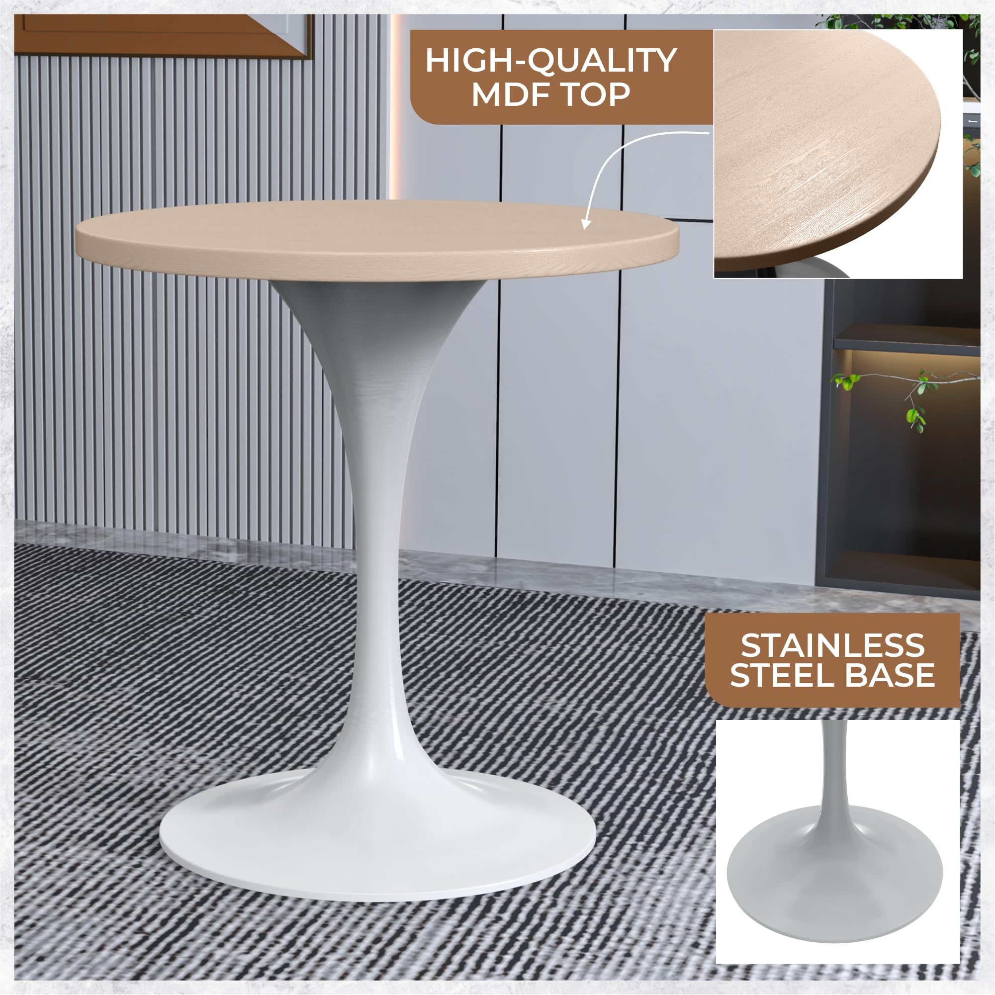Mid-Century Modern 27 Inch Round Dining Table, MDF Wood Tabletop with White Steel Pedestal Base, Contemporary Kitchen & Dining Room, Small Space Breakfast Table, Light Natural Wood