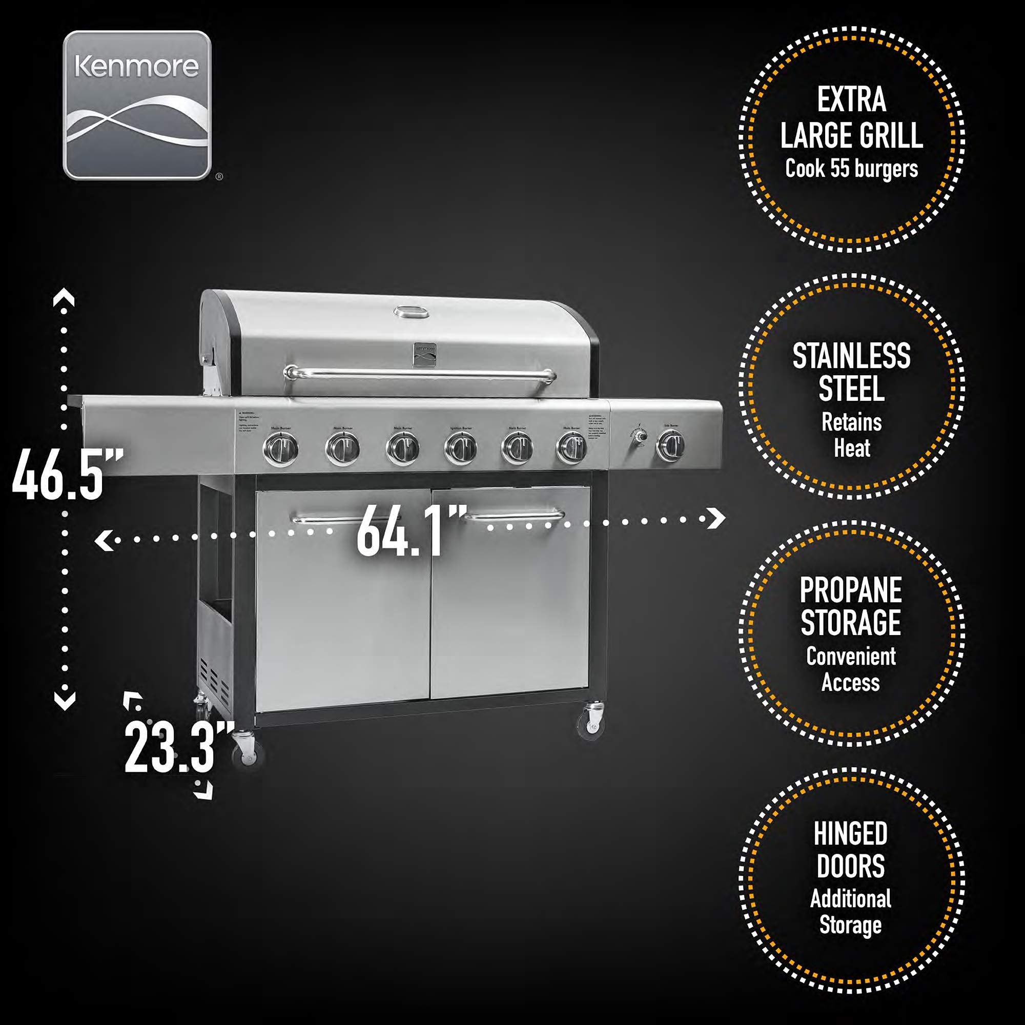6-Burner Propane Gas BBQ Grill with Side Burner, 73,000 BTUs, Stainless Steel Cabinet Grill with Cast Iron Grates for Outdoor Cooking, Backyard BBQ, Patio, Large Parties
