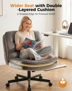 Criss Cross Office Chair with Wheels Armless Desk Chair Comfy, Modern Vanity Chair for Home Bedroom, Comfortable Wide Seat for Lower Back Pain Relief, Soft Velvet, Gray