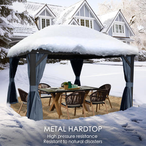 12' x 14' Hardtop Gazebo, Aluminum Frame with Galvanized Steel Double Roof, Outdoor Permanent Pavilion with Curtains and Netting for Patio, Backyard, Deck, Lawn (Gray)
