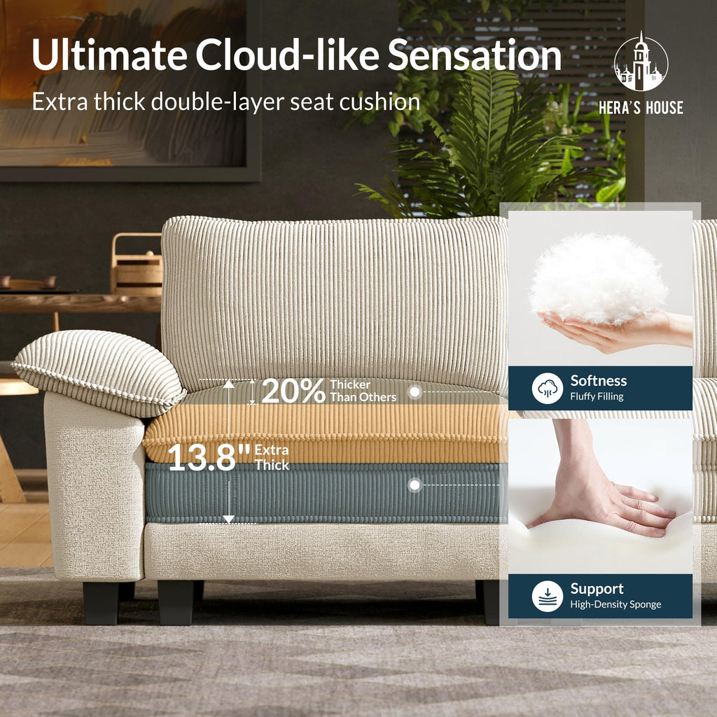 124" Modular Sectional Sofa, Oversized L Shaped Couches for Living Room, Comfy Cloud Couch with Ottoman, 4-Seater Deep Seat Sofa with Throw Pillow, Corduroy and Chenille Beige