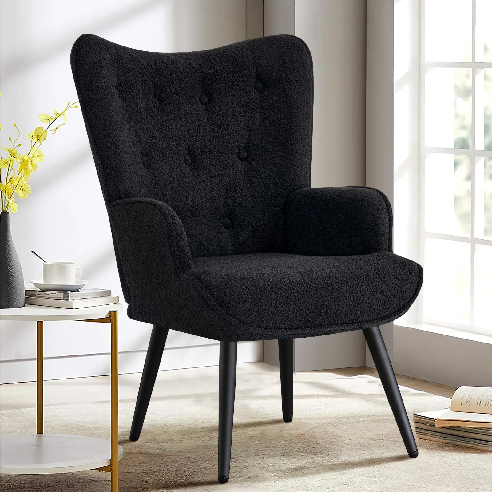 Boucle Accent Chair for Living Room, Upholstered Reading Chair with High Backrest, Tufted-Button Wingback Armchair for Bedroom, Dressing Room, Home Office, Black, Set of 2