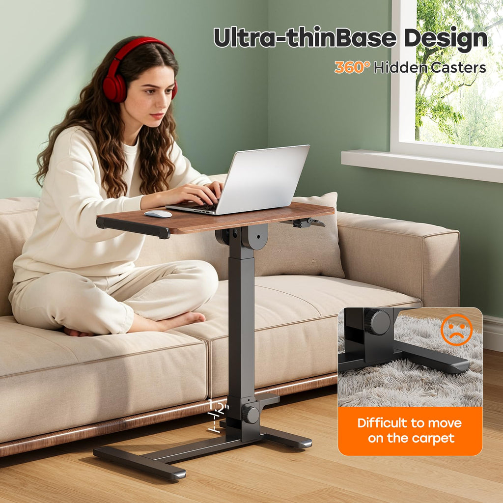 Foldable Mobile Standing Desk, 27 Inch Small Rolling Laptop Cart Height Adjustment, 90° Tiltable Bedside Table, No Assembly Needed Portable Computer Workstation, Dark Wood