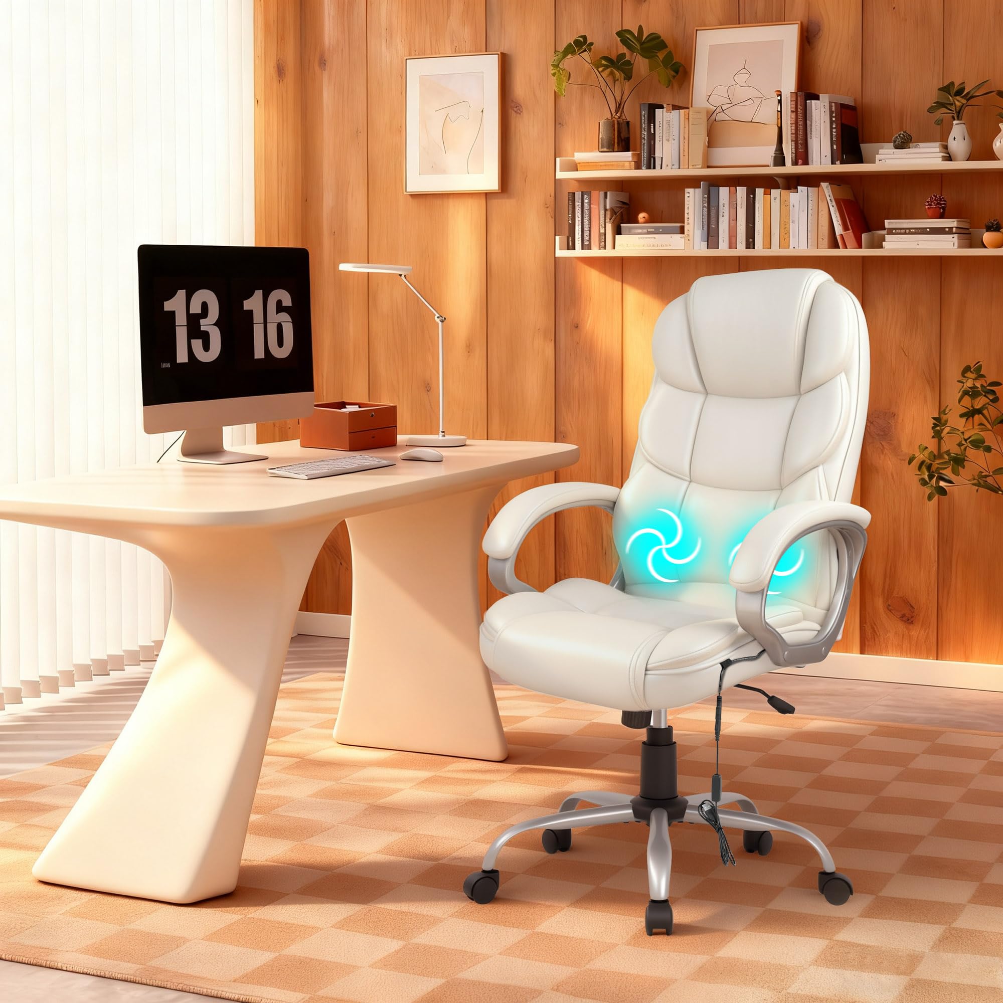 Office Chair Computer High Back Adjustable Ergonomic Desk Chair Executive PU Leather Swivel Task Chair with Armrests Lumbar Support (Beige)
