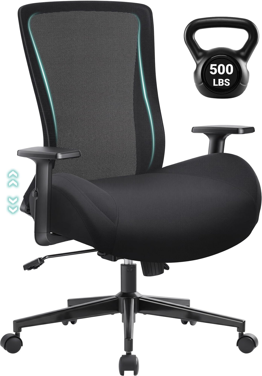 Big and Tall Home Office Desk Chair 500lb Capacity for Heavy People, Ergonomic Wide Mesh Desk Chair with Stepless Recline & Lock, 5.5" Thick Cushion, High Back, Adjustable Height & Armrests