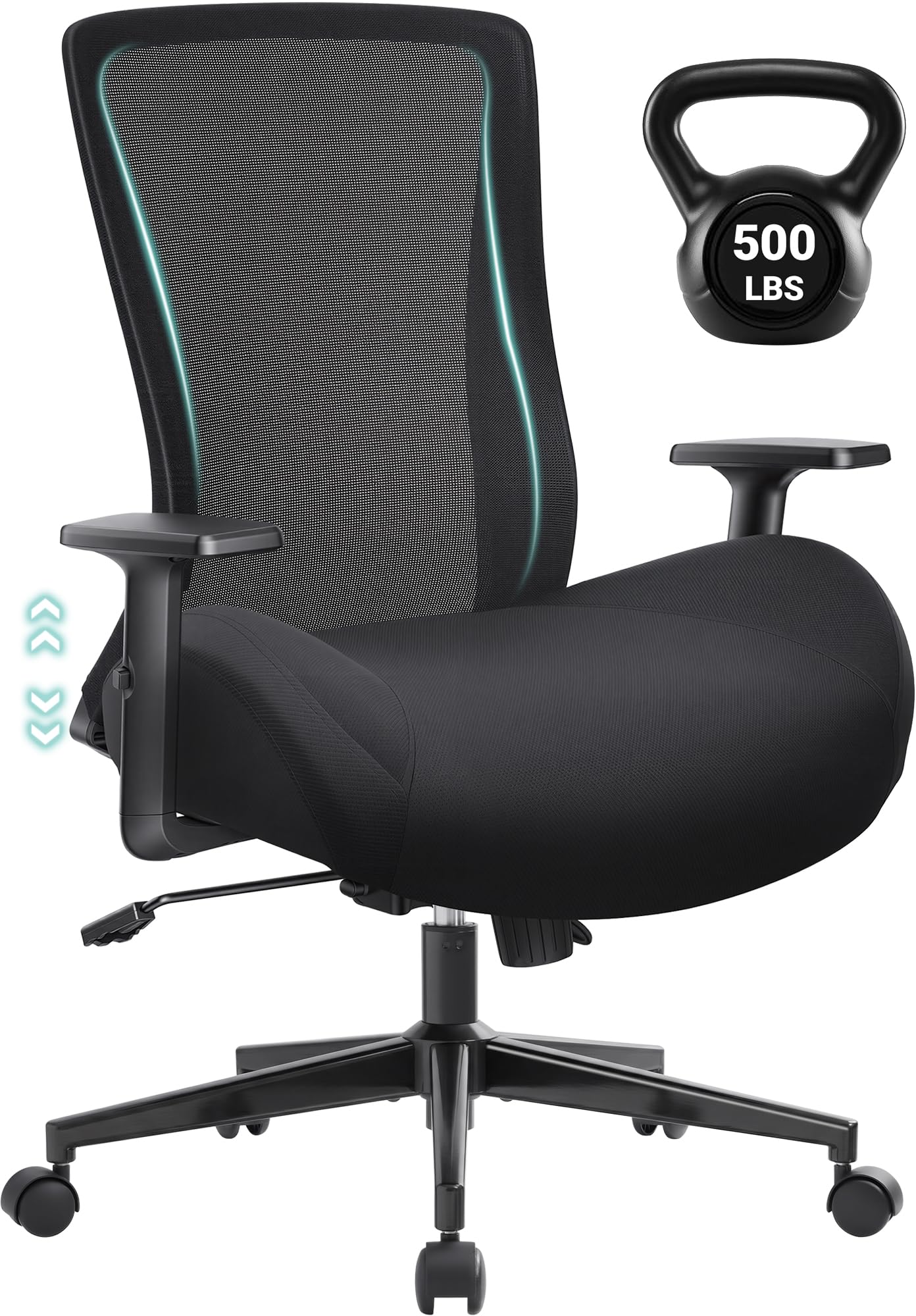 Big and Tall Home Office Desk Chair 500lb Capacity for Heavy People, Ergonomic Wide Mesh Desk Chair with Stepless Recline & Lock, 5.5" Thick Cushion, High Back, Adjustable Height & Armrests