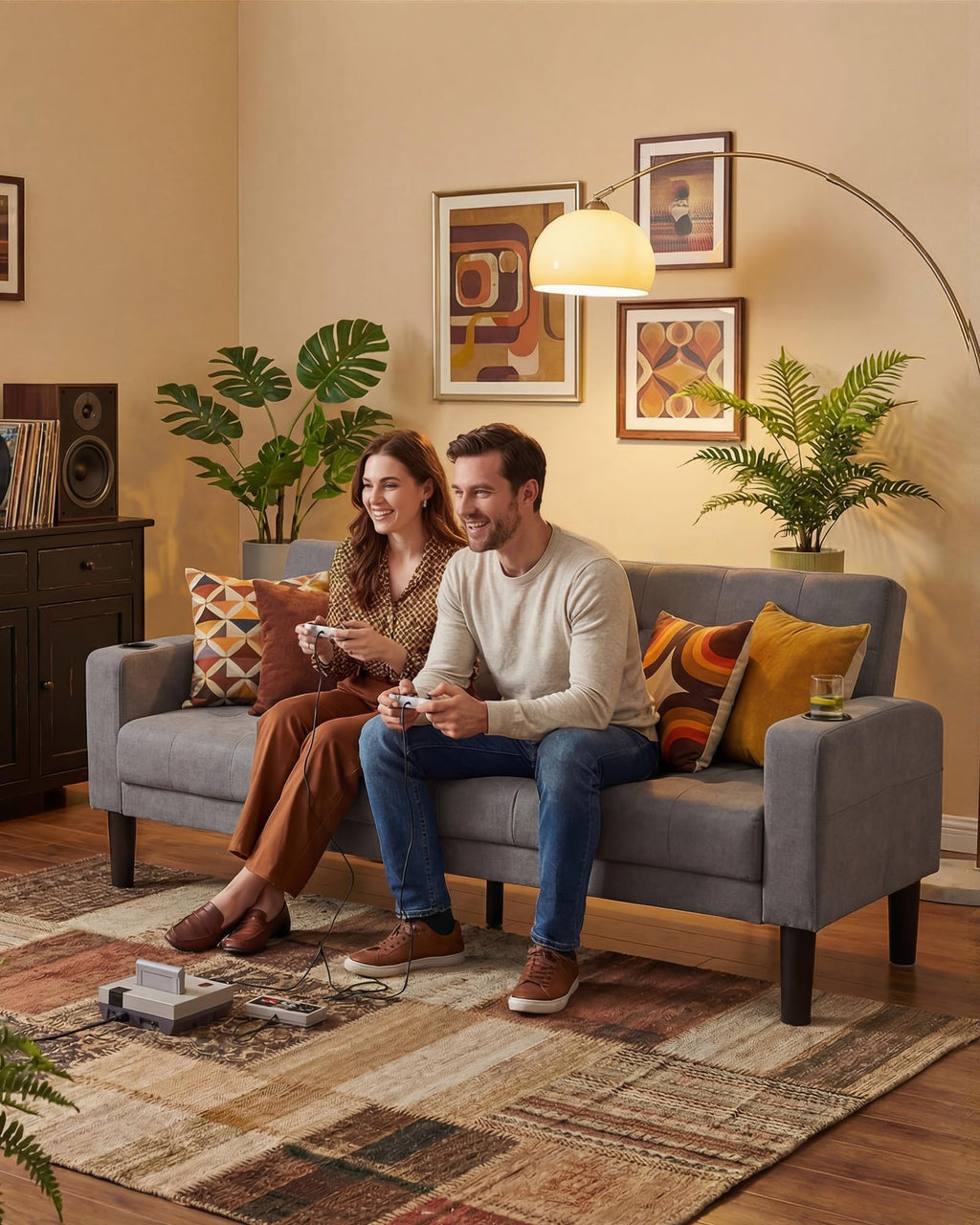 Sofa Couch, Living Room Furniture Sectional Sofa Sets 2 Pic, Tufted Mid-Century Loveseat w/USB, Cupholders & Comfy Single Sofa for Small Space, Apartment, Office (Light Grey)