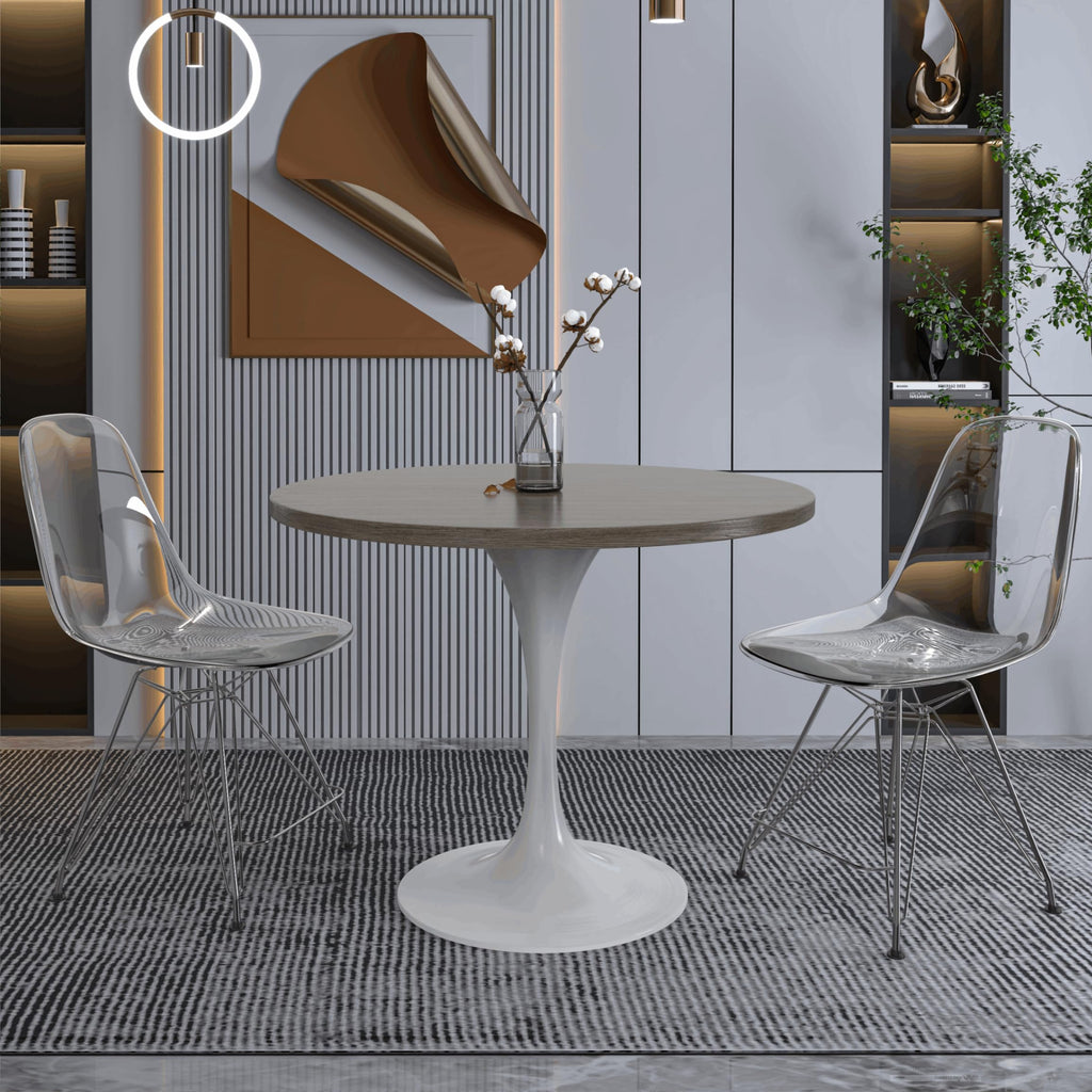 Mid-Century Modern 36 Inch Round Dining Table, MDF Wood Tabletop with White Steel Pedestal Base, Contemporary Kitchen & Dining Room Table, for Small Spaces (Dark Maple)