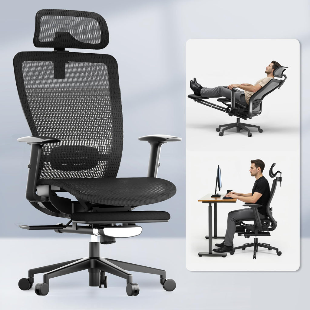 Ergonomic Office Chair with Footrest, Mesh Back Computer Chair, Home Office Desk Chairs, with Adjustable Lumbar Support/2D Headrest/Reliable Base, Black