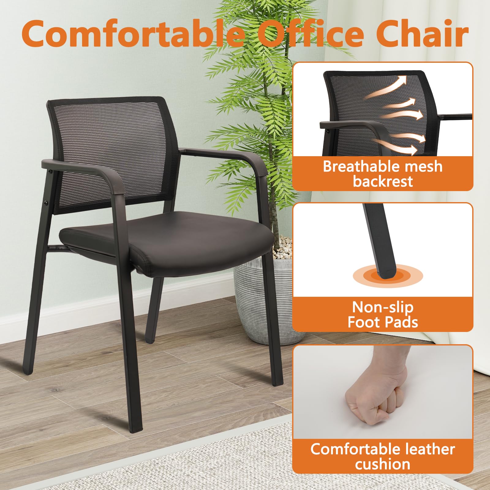Stackable Office Chair, Mesh Back Guest Chairs with Comfortable Leather Seat Arms Stacking Ergonomic Desk Chair No Wheels for Conference Waiting Reception School Side Stationary, Black