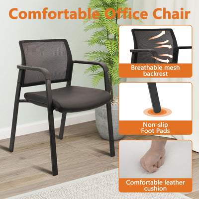 Stackable Office Chair, Mesh Back Guest Chairs with Comfortable Leather Seat Arms Stacking Ergonomic Desk Chair No Wheels for Conference Waiting Reception School Side Stationary, Black