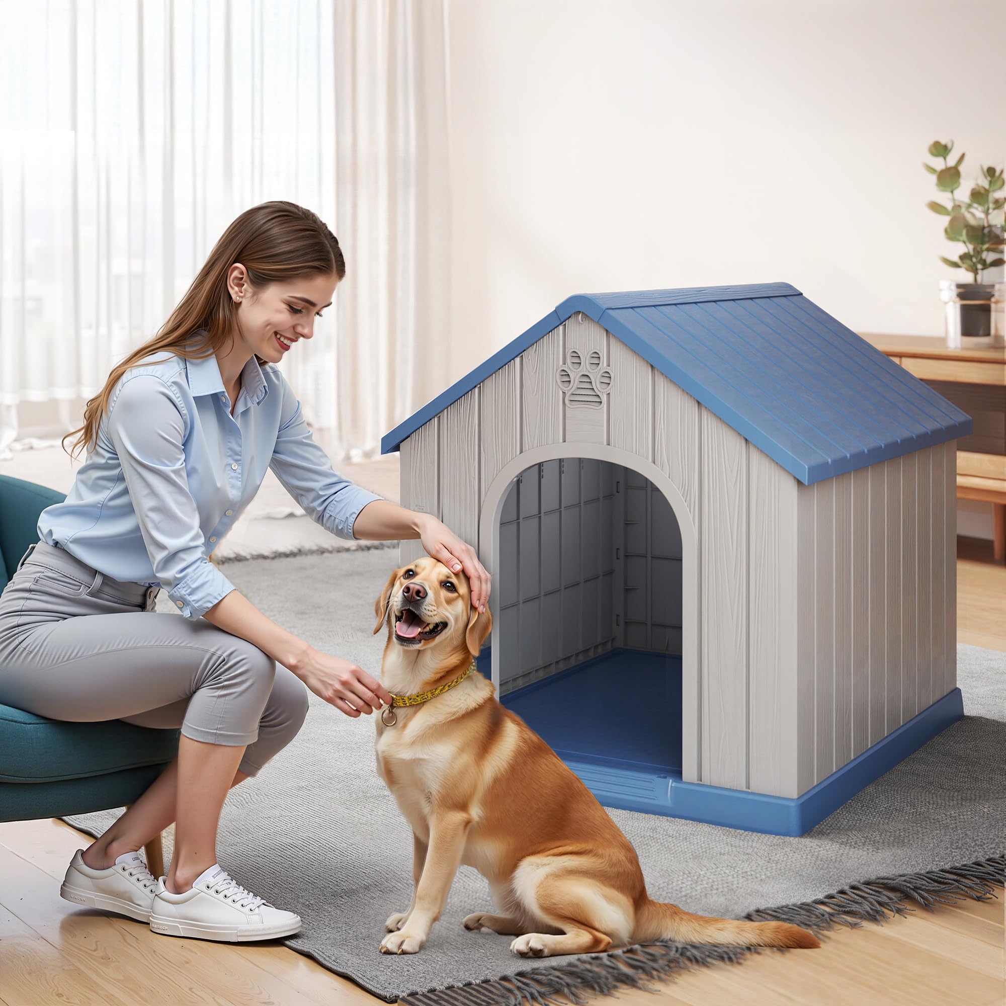 Large Dog House Indoor Outdoor Waterproof,Puppy Shelter with Air Vents and Elevated Floor,Sturdy Dog Kennel for Small to Large Sized Dogs, Easy to Assemble (Blue, 38.62×36.26×38.07 Inches)