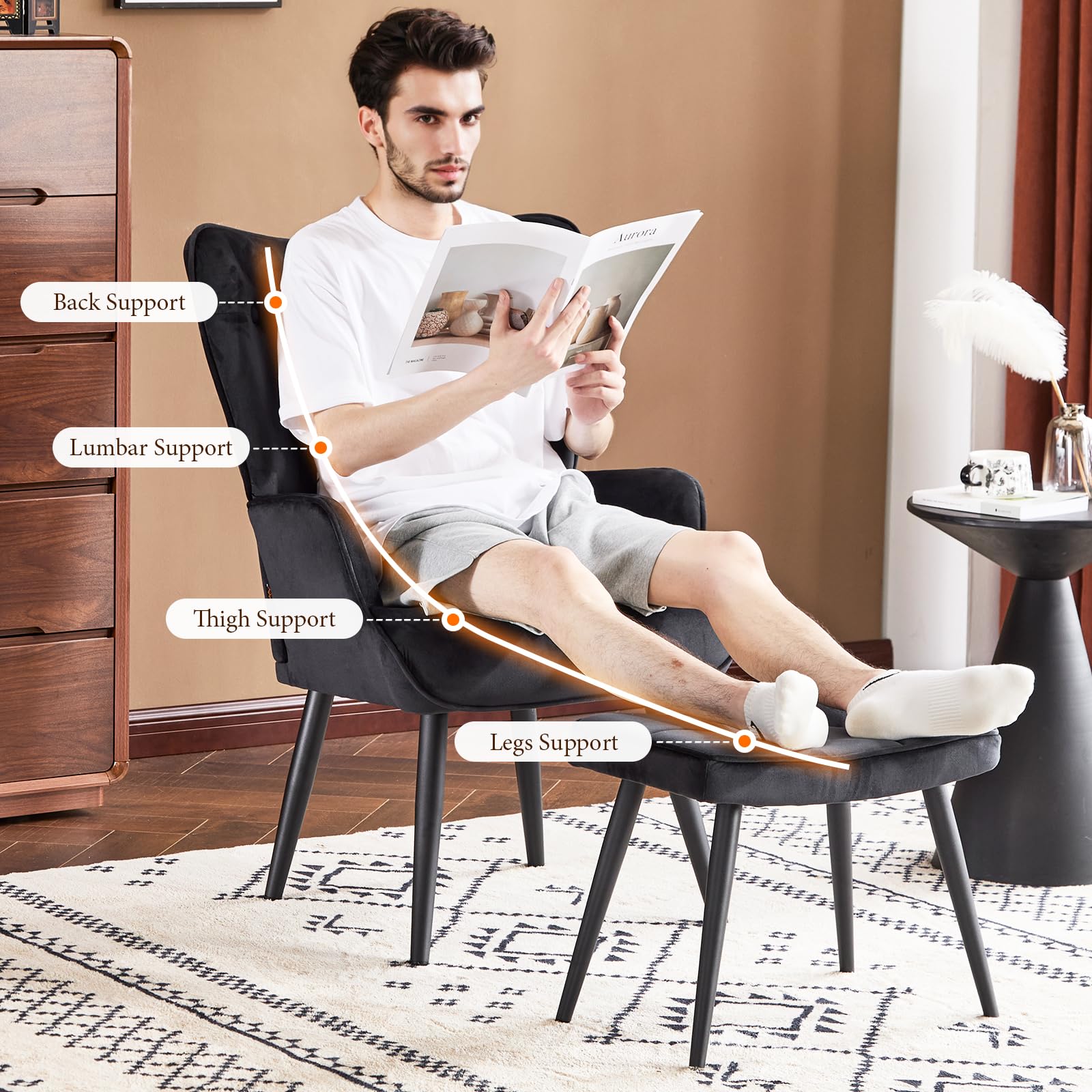 Velvet Accent Chair with Ottoman, Upholstered Reading Chair with High Backrest, Tufted-Button Wingback Armchair for Bedroom, Dressing Room, Home Office, Black