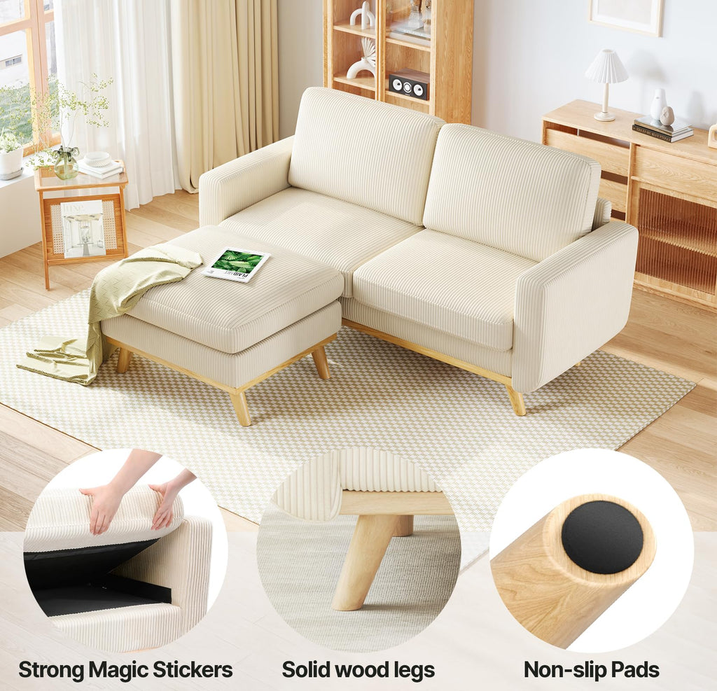 68" Loveseat Sofa with Movable Ottoman, Comfy Corduroy Couch with Spring Cushion, Sofa Couch with Solid Wood, Modern Office Sofa with Deep Seat for Living Room and Bedroom, Beige