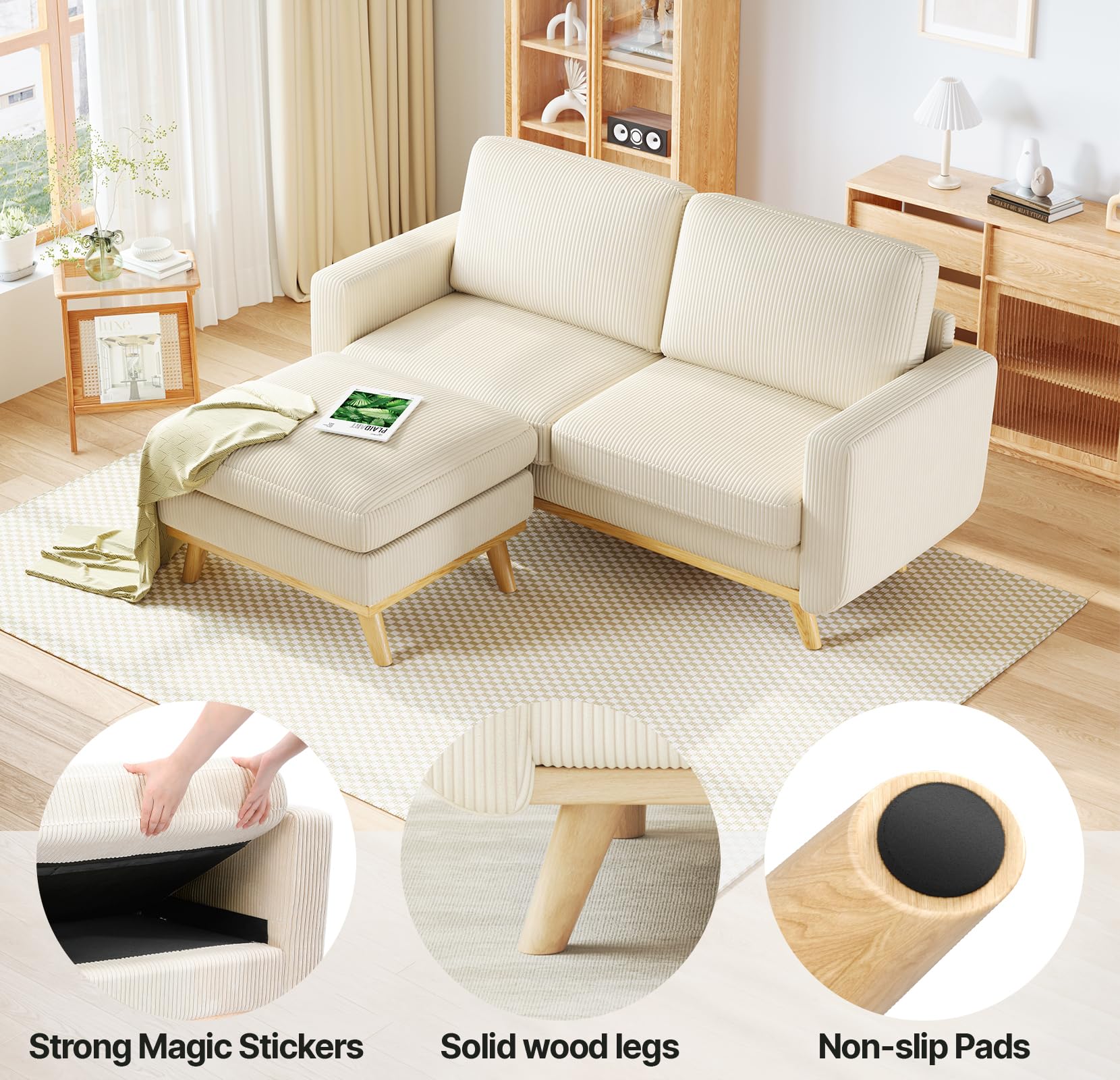 68" Loveseat Sofa with Movable Ottoman, Comfy Corduroy Couch with Spring Cushion, Sofa Couch with Solid Wood, Modern Office Sofa with Deep Seat for Living Room and Bedroom, Beige