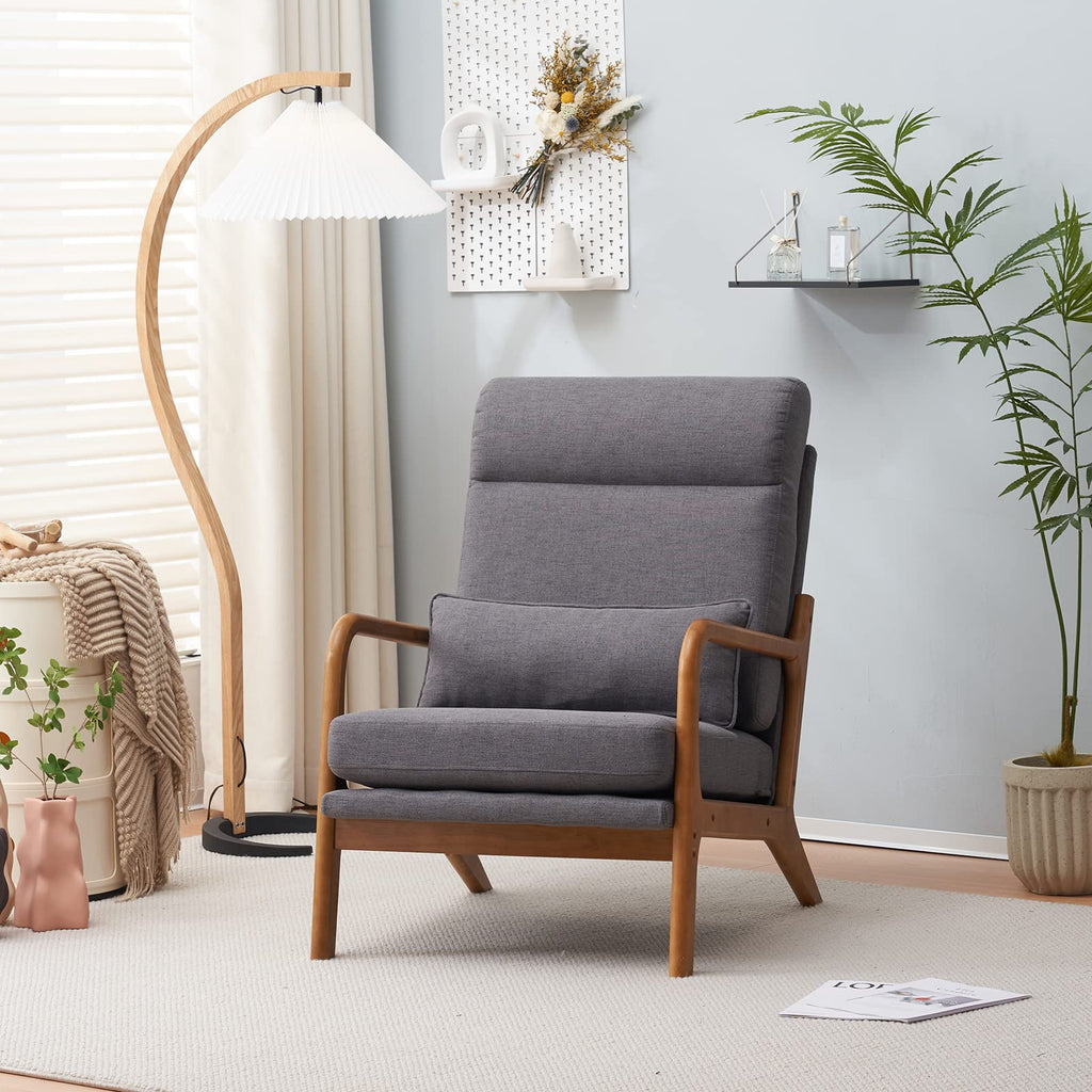 High Back Dark Grey Accent Chairs Set of 2, Upholstered Mid Century Modern Lounge Chairs Reading Chairs Side Sitting Chair Solid Wood Farmhouse Armchairs for Living Room, Bedroom, Guest Room