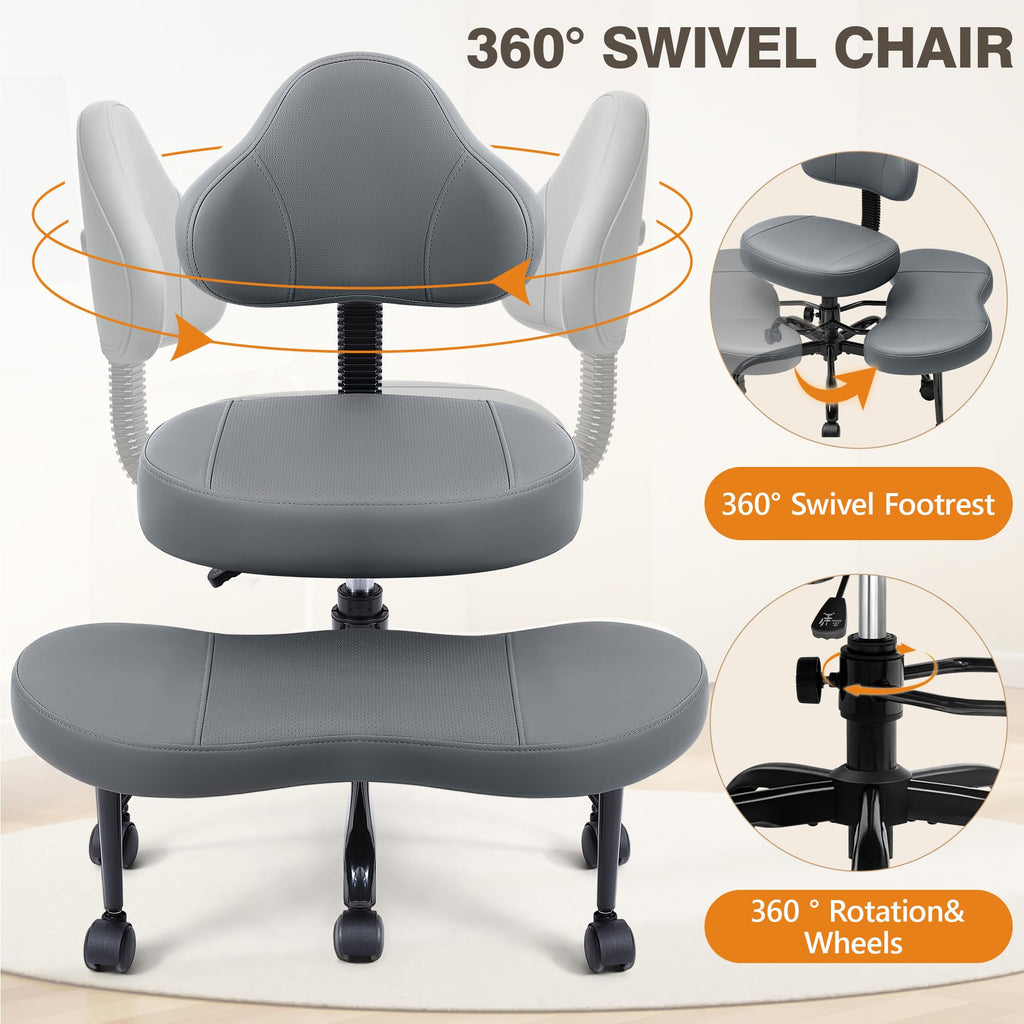 Cross Legged Office Chair, Criss Cross Desk Chair ADHD Meditation Kneeling Yoga Seat with Adjustable Height, Lumbar Support, Wider Footrest and Wheels (Dark Gray)