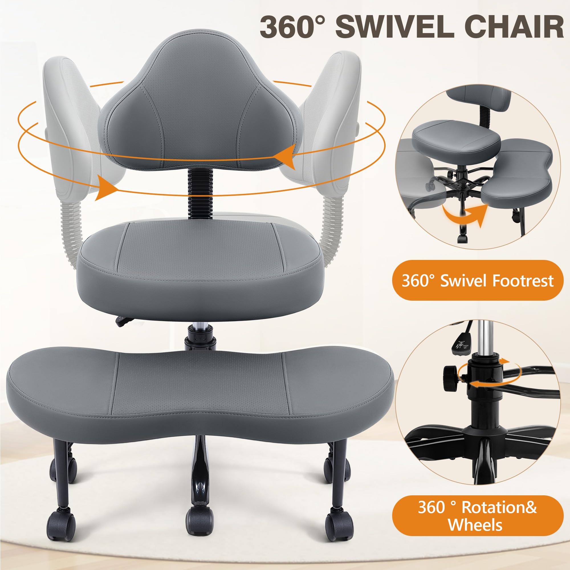 Cross Legged Office Chair, Criss Cross Desk Chair ADHD Meditation Kneeling Yoga Seat with Adjustable Height, Lumbar Support, Wider Footrest and Wheels (Dark Gray)