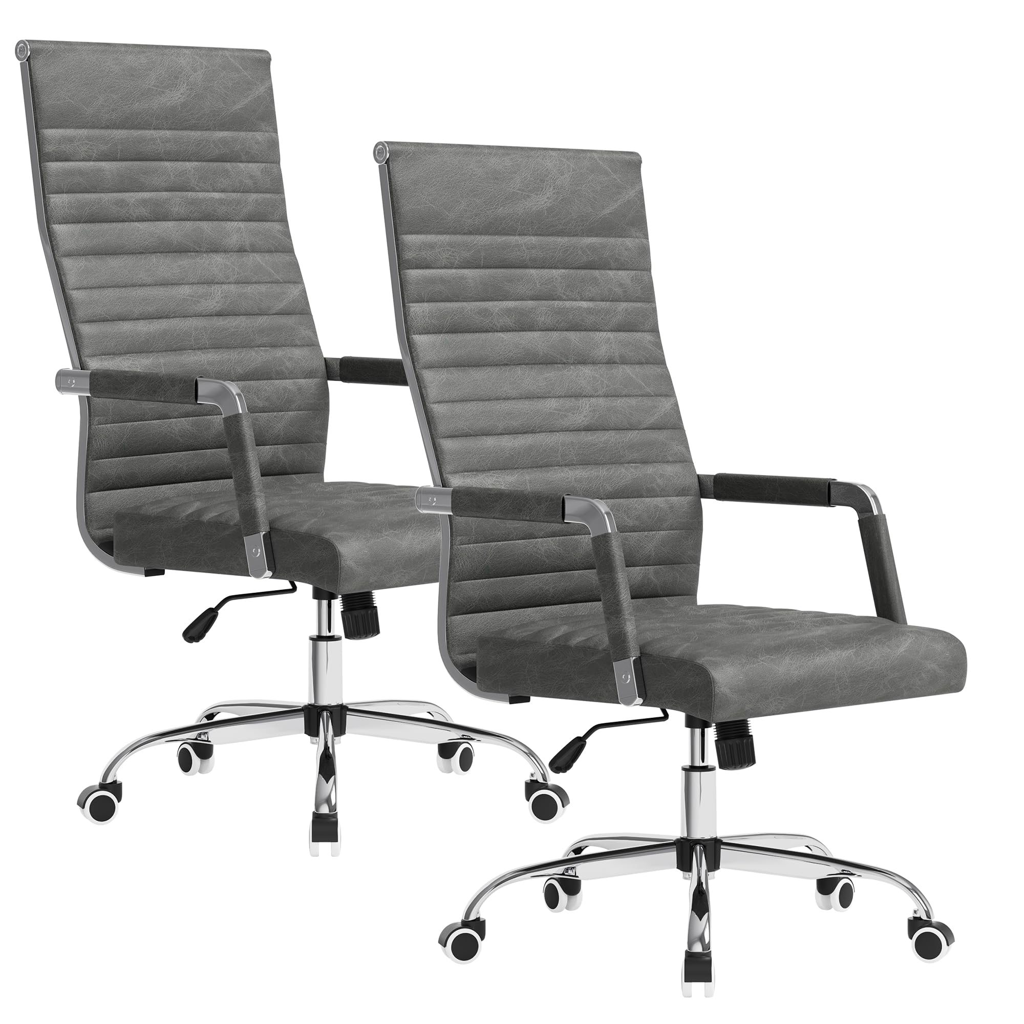 Ergonomic Office Desk Chair, Executive Ribbed Mid-Back PU Leather Conference Room Chair Adjustable Swivel Chair with Arms (2, Bicolor Vintage Grey)
