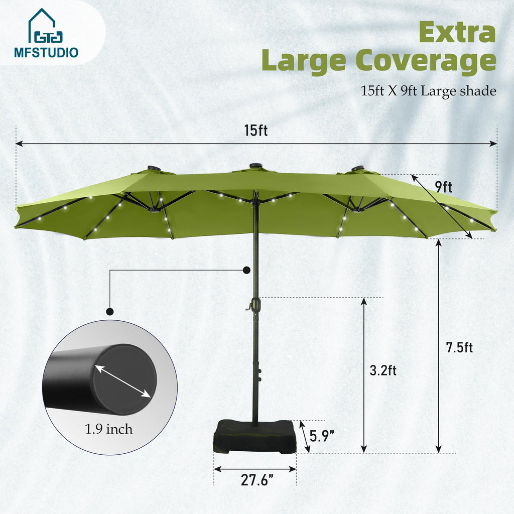 15ft Double Sided Patio Umbrella with Solar Lights, Outdoor Large Umbrellas with Crank Handle and 36 LED Lights, Rectangular Market Umbrella with Base Included for Deck Pool Shade, Lime Green