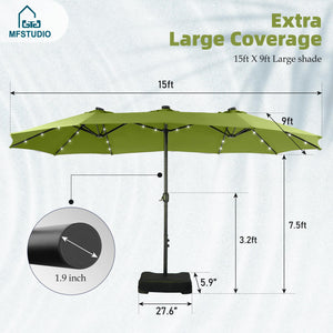 15ft Double Sided Patio Umbrella with Solar Lights, Outdoor Large Umbrellas with Crank Handle and 36 LED Lights, Rectangular Market Umbrella with Base Included for Deck Pool Shade, Lime Green