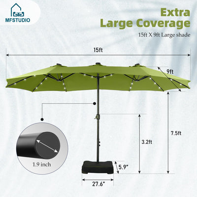 15ft Double Sided Patio Umbrella with Solar Lights, Outdoor Large Umbrellas with Crank Handle and 36 LED Lights, Rectangular Market Umbrella with Base Included for Deck Pool Shade, Lime Green