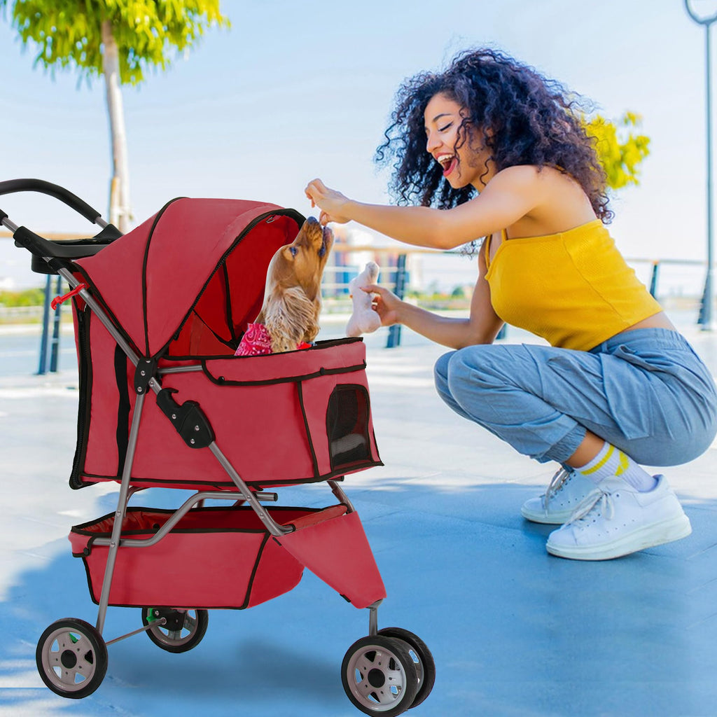Pet Stroller 3-Wheel Durable Foldable Cat Dog Stroller with Washable Liner Storage Basket Cup Holder,Red